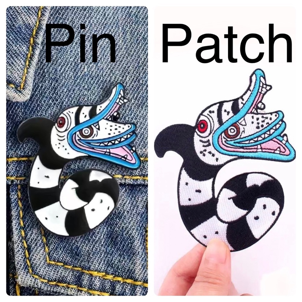 Really Nice Sandworm Beetlejuice Iron On Patch & Enamel Pin Combo Lot Great Gift